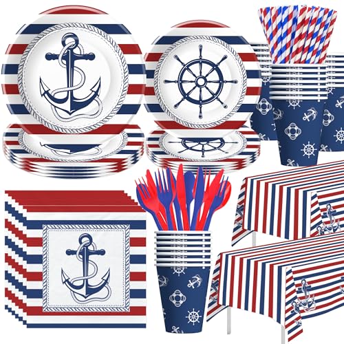 Xenorik Nautical Party Decorations Tableware - Nautical Anchor Birthday Party Supplies, Plate, Cup, Napkin, Tablecloth, Cutlery, Naby Blue And Red Sailor Boat Theme Baby Shower Decorations | Serve 24