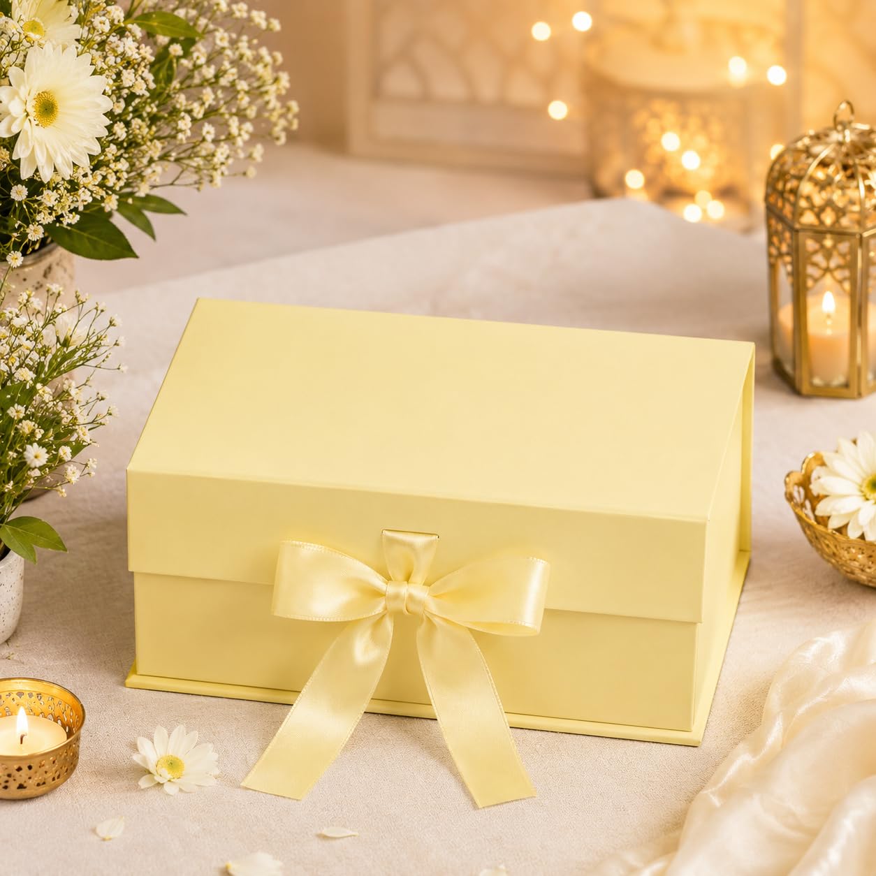 1 Piece Collapsible Magnetic Gift Box with Ribbon, Luxury Box for Packaging, Hamper Box, Foldable Gift Box for Birthday, Wedding, Return Gifts, Storage Box (25 x 20 x 10 cm) (CREAM)