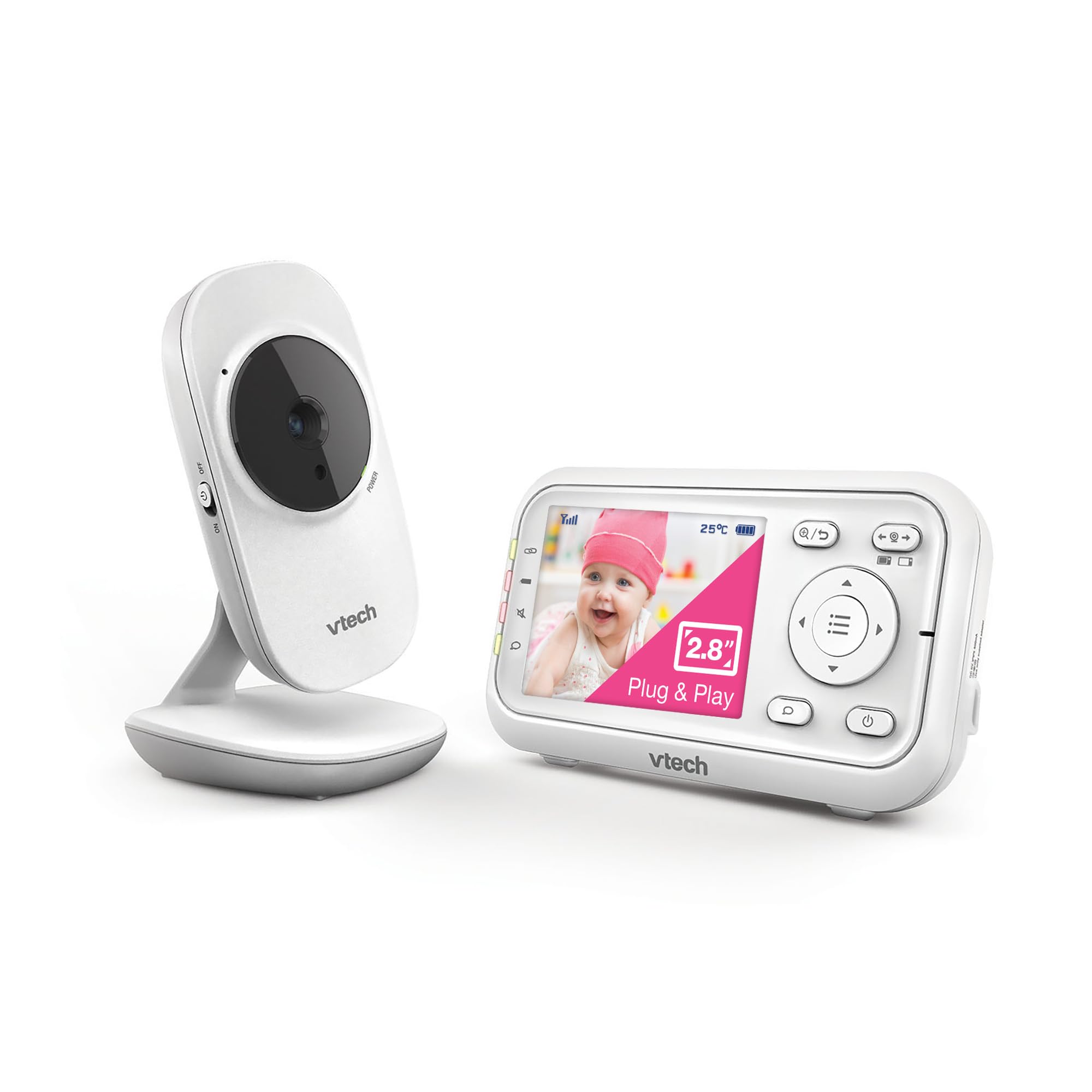 Vtech Babymonitor VM3255 – Video-Babyphon mit beweglicher Kamera – Klarer Sound, 2,8" LCD-Farbbildschirm und Nachtsichtfunktion – Mit Gegensprechfunktion, Schlafliedern und Geräuschen