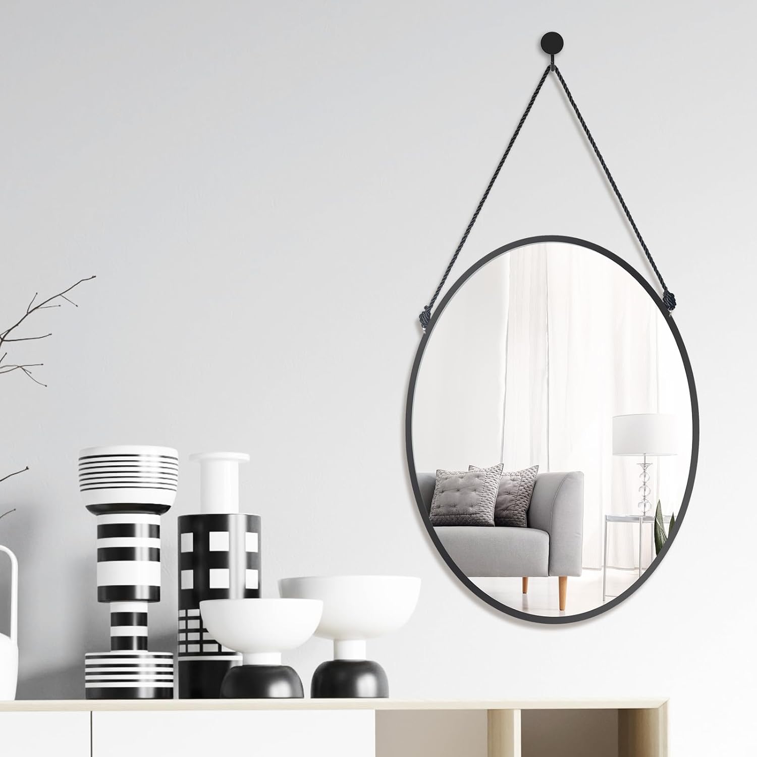 LONGWIN Black Hanging Oval Mirror for Wall Decor, 14.8 x 18 Inch Farmhouse Mirrors Decorative with Rope for Bathroom, Living Room, Bedroom