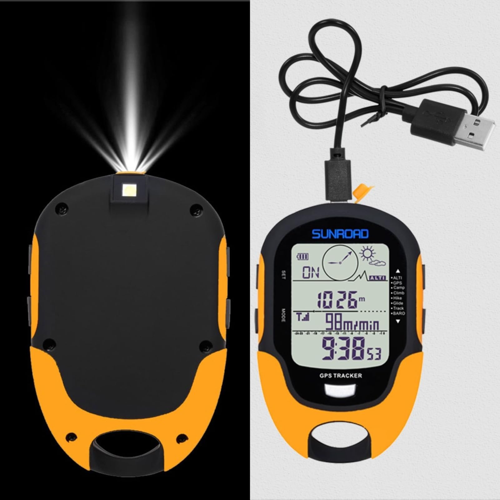 GPS Höhenmesser Barometer, Multifunktionale GPS Messgerät mit Hochpräzise Sensor, Kompass, Thermometer, Hygrometer, Wettervorhersage, Uhr, Datum, LED Taschenlampe, Wecker, IPX4 wasserdichte