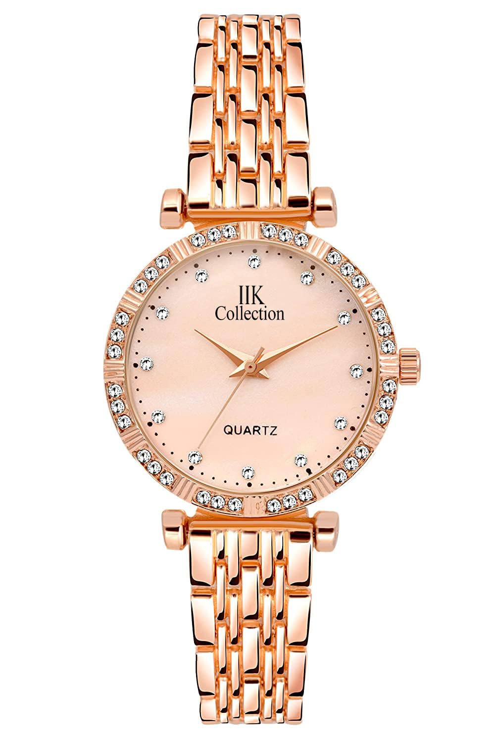 IIK COLLECTION Watches for Women Round Studded Dial |Analogue Quartz Movemnet Ladies Watch|Long Battery Life|Stainless Steel Adjustable Bracelet Chain Strap|Double Lock Clasp Safety Watches for Girls