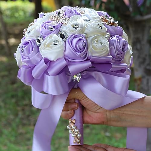 Miniatura 8 de Ramo de novia de satén hecho a mano de 8.7 pulgadas, ramo de boda redondo, ramo de flores artificiales, marfil + morado claro