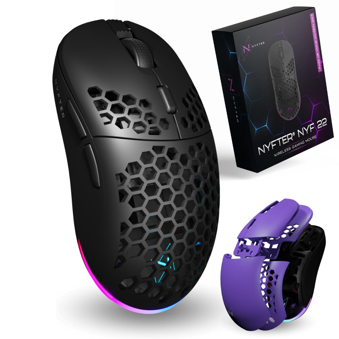 Nyfter - NYF22 Wireless Gaming Mouse Ultraligero 75g Potente con 400mA 19K DPI, 400 IPS 1000 Hz 50h Duración de la batería Duradera Dos Cases intercambiables Incluye