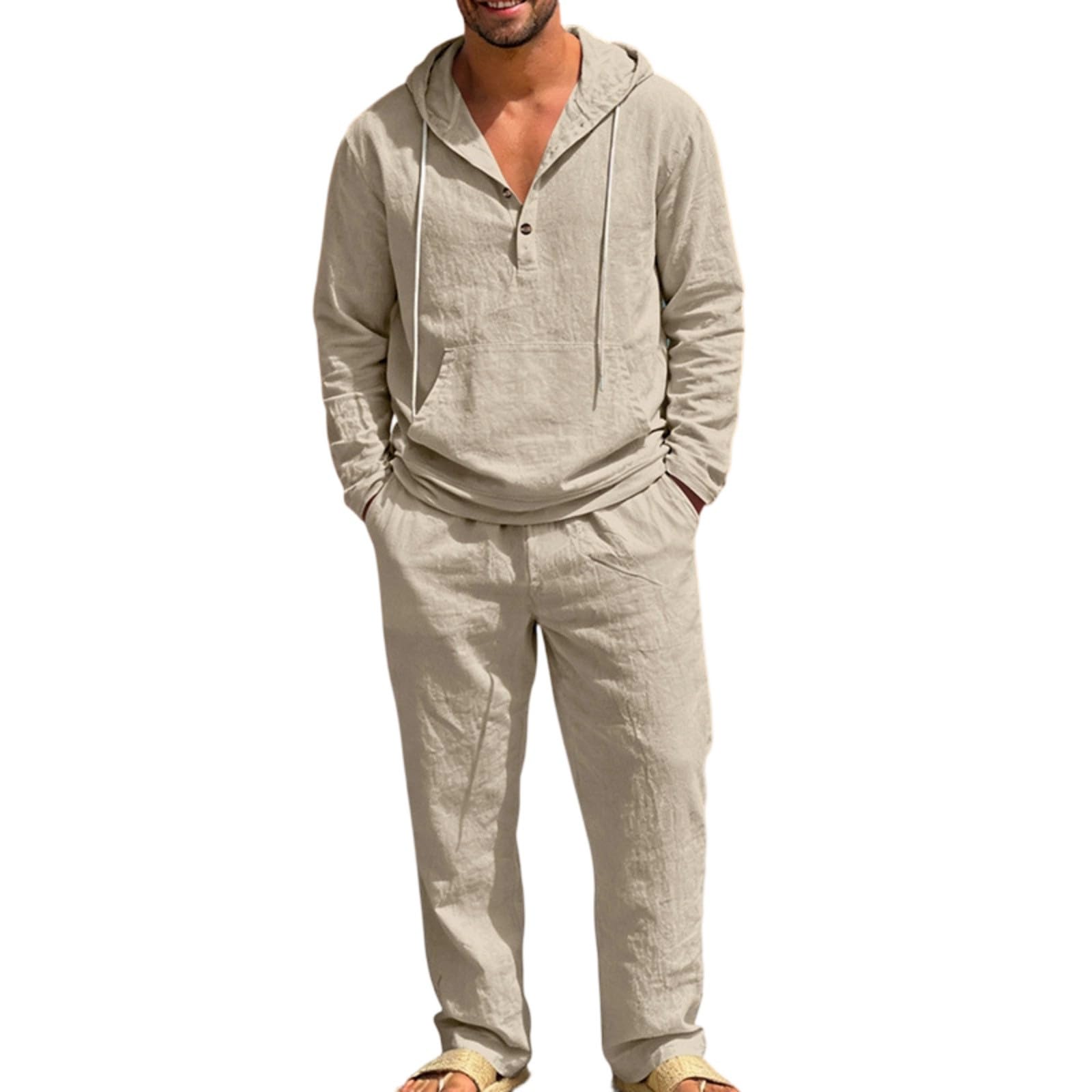 Generisch Ropa de lino para hombre, traje deportivo ligero de manga larga, sudadera de 2 piezas con capucha y pantalones de playa, traje de ocio, traje de jogging informal, chándal informal para