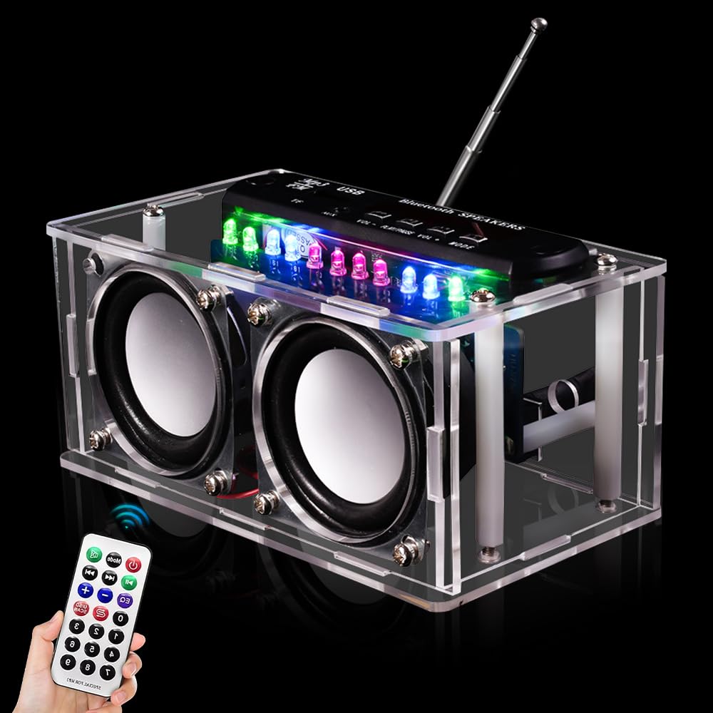 Elektronik Bausatz Radio, 87.5-108MHZ DIY Elektronik Löten Bausatz Bluetooth Lautsprecher, Löt Bausatz DIY Musikspieler mit LED Anzeigeleuchte, Acrylgehäuse, Fernbedienung, für Löten Lernen