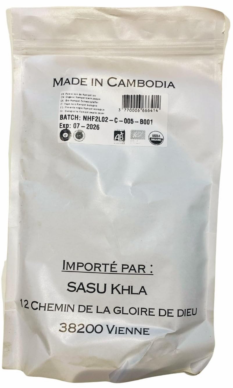 Khla - Kampot Pfeffer Weiß Bio 500g - Weißer Pfefferkörner Ganz Biologisch - Grand Cru, Stark & Kräftig - Zutat Küchen - Direkt vom Erzeuger - Weiße Körner Ganze für Mühle - Herkunft Kambodscha
