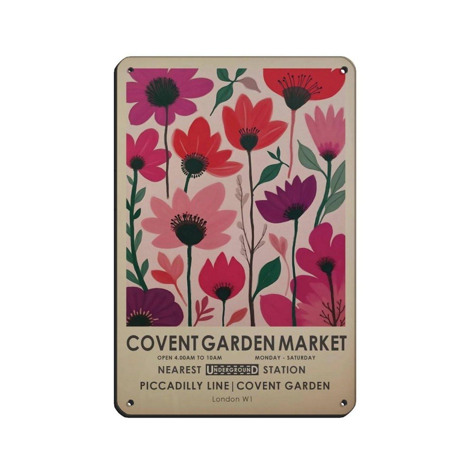 Covent Garden Market, Pink Floral Retro Poster Metal Tin Sign Chic Art Retro Iron Painting Bar People Cave Cafe Family Garage Poster Wall Decoration 8x12inch(20x30cm)