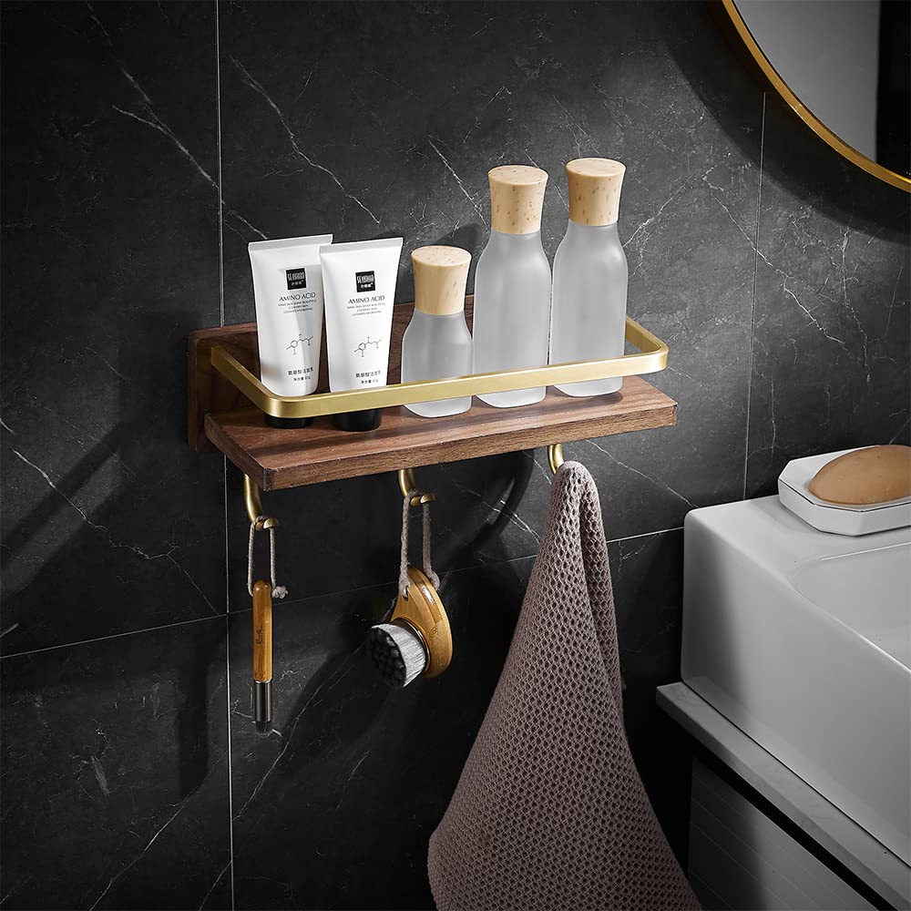 NEWRAIN Shower Rack Wood Shower Shelves with Hook for Kitchen Toilet Bathroom Shelves Shower Storage Organizer Wall Mounted