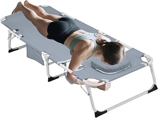 3-in-1 Heavy Duty Tanning Chair with Adjustable 5-Position Recline & Face Hole, Portable Folding Chaise Lounge Chair for Outdoor Sunbathing, Pool, Patio, Lawn, Camping & Deck (Warm Grey)