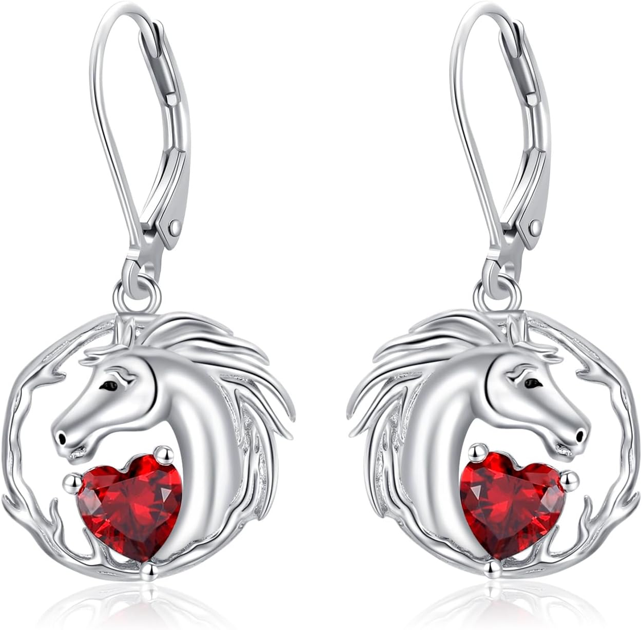 Horse Earrings for Women 925 Sterling Silver Horse with Heart Cut Red Garnet Drop Dangle Earrings