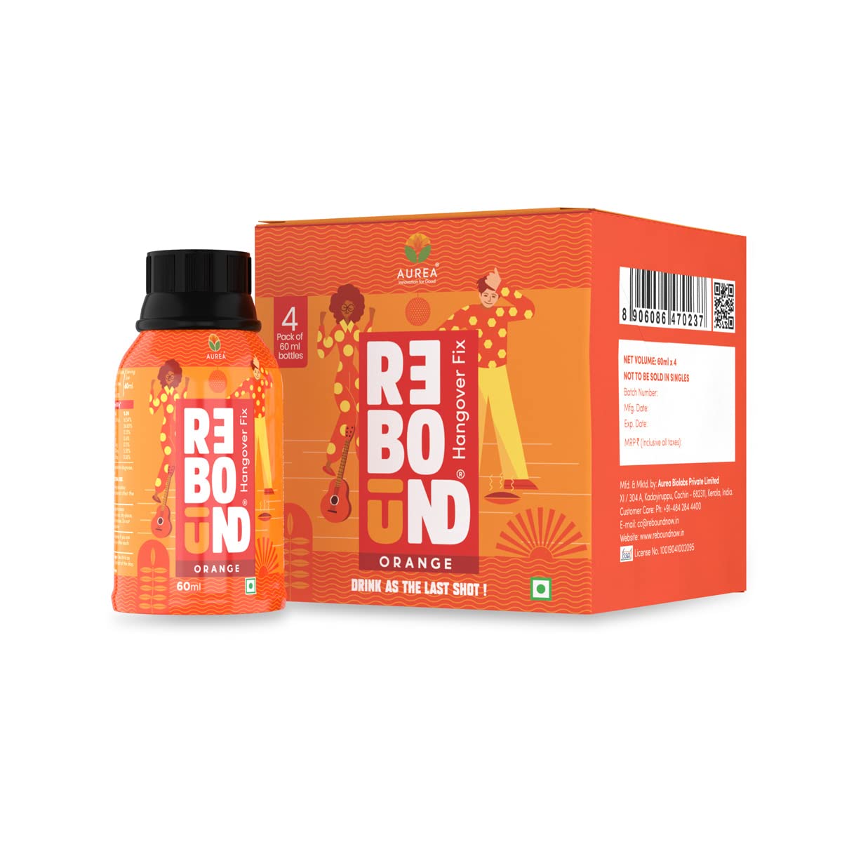 REBOUND Orange Flavor Liquid Pack Of 4-Clinically Proven Anti-Hangover Drink|100% Safe & Vegan|Made With Natural Ingredients|Hangover Free Wake Up Next Day|No Side Effects