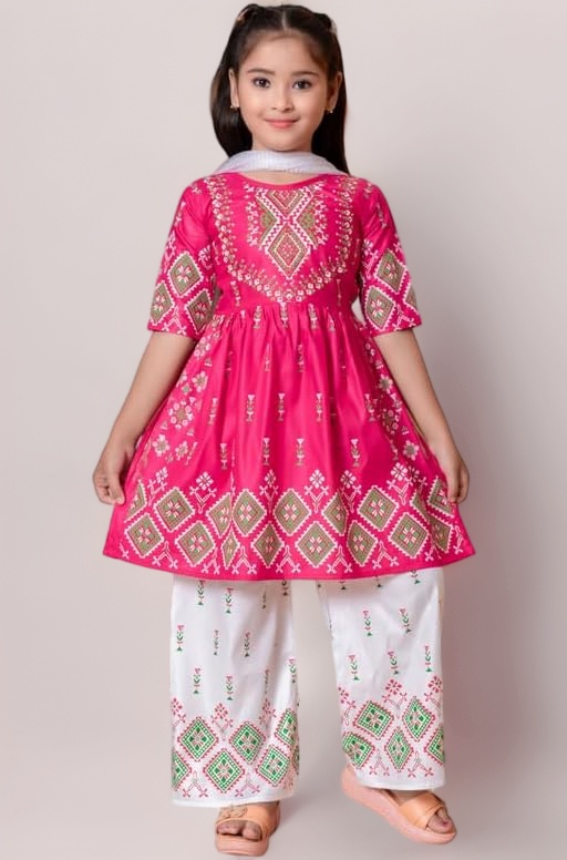 NEW JON Girl's Ethnic Kurta and Straight Pant Set with Silky Dupatta