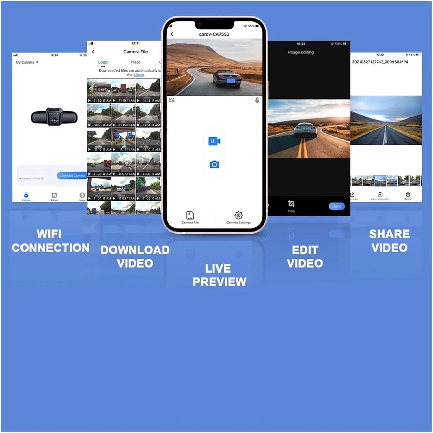Smartphone screenshots demonstrating the Fitcamx app interface for WiFi connection, video download, live preview, video editing, and sharing functionalities.