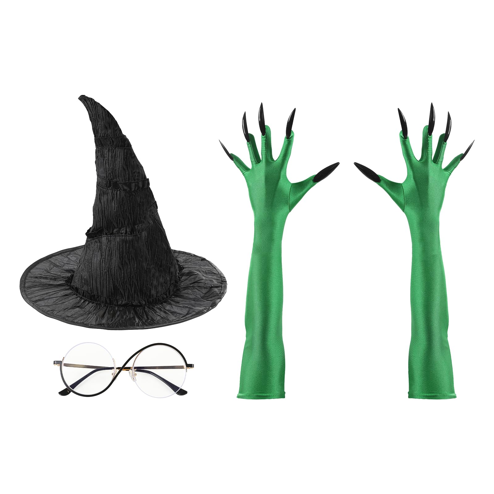 OhMill Halloween Witch Costume Set Black Witch Hat Green Claw Gloves And Glasses Halloween Cosplay Party Wizard Dress Up Props - Image 2