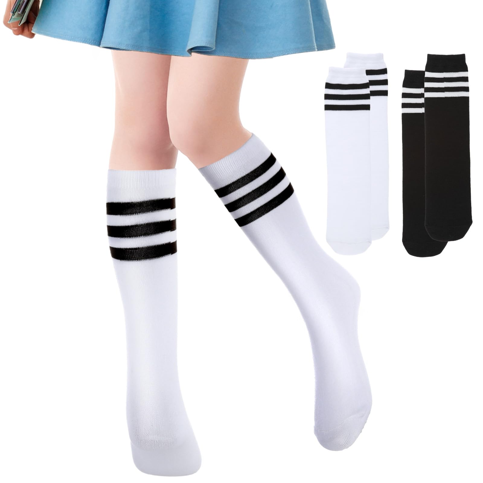 Ouligay 2 pares de calcetines hasta la rodilla para niñas, calcetines de uniforme escolar, calcetines largos sin costuras, calcetines de algodón de punto transpirable, color negro y blanco para 3-5