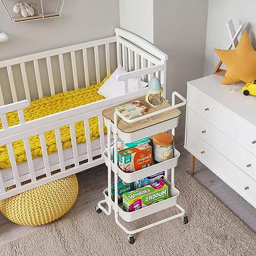 Image of DTK 3 Tier Rolling Utility Cart with Cover Top Board, Movable Kitchen Storage Cart Trolley with Lockable Wheels, Cups, Hooks for Kitchen Bathroom Home Office Art Craft Storage and Organization(White)