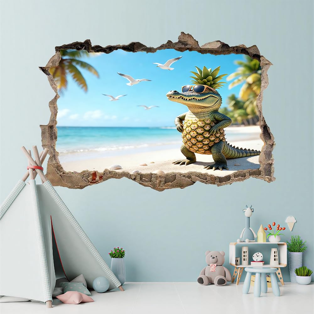 3D Durchbruch Wandtattoo Mädchen Kinderzimmer Krokodil-Ananas Wandaufkleber Dekorative Seagull Beach Landschaft Wandsticker für Junge Teenager Zimmer Wohnzimmer Schlafzimmer Wandbilder Deko