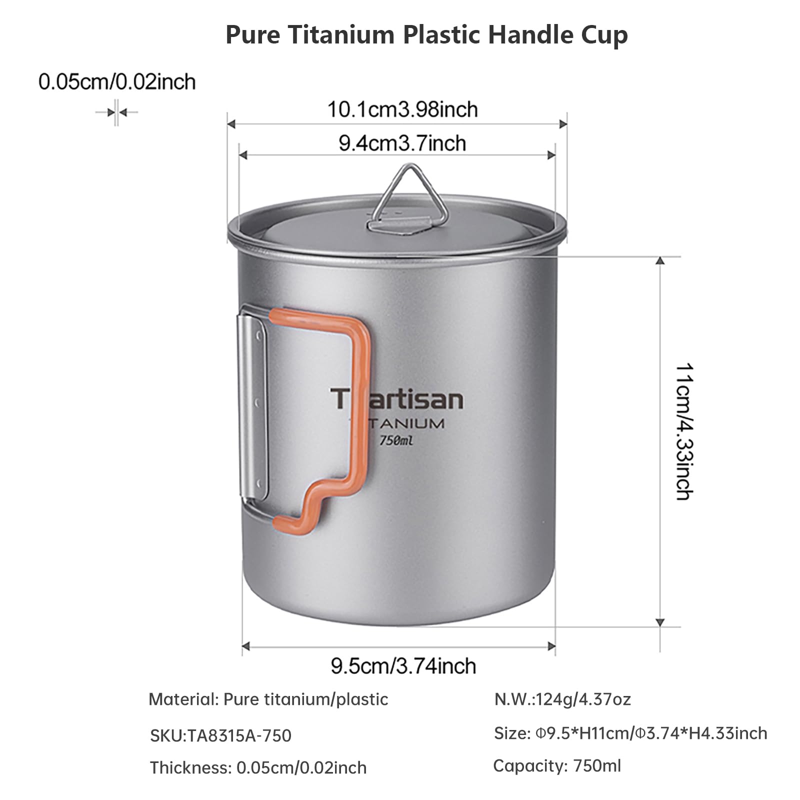 Ti artisan Taza de titanio para camping, portátil, ultraligera, 450 ml/750 ml, agua con asas plegables y tapa para acampar al aire libre, senderismo, mochileros (750 ml)