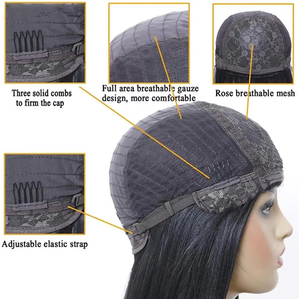 Haarpflege Kurze Gerade Bob Echthaarperücke Mit Pony Für Frauen(Orange,8inches)