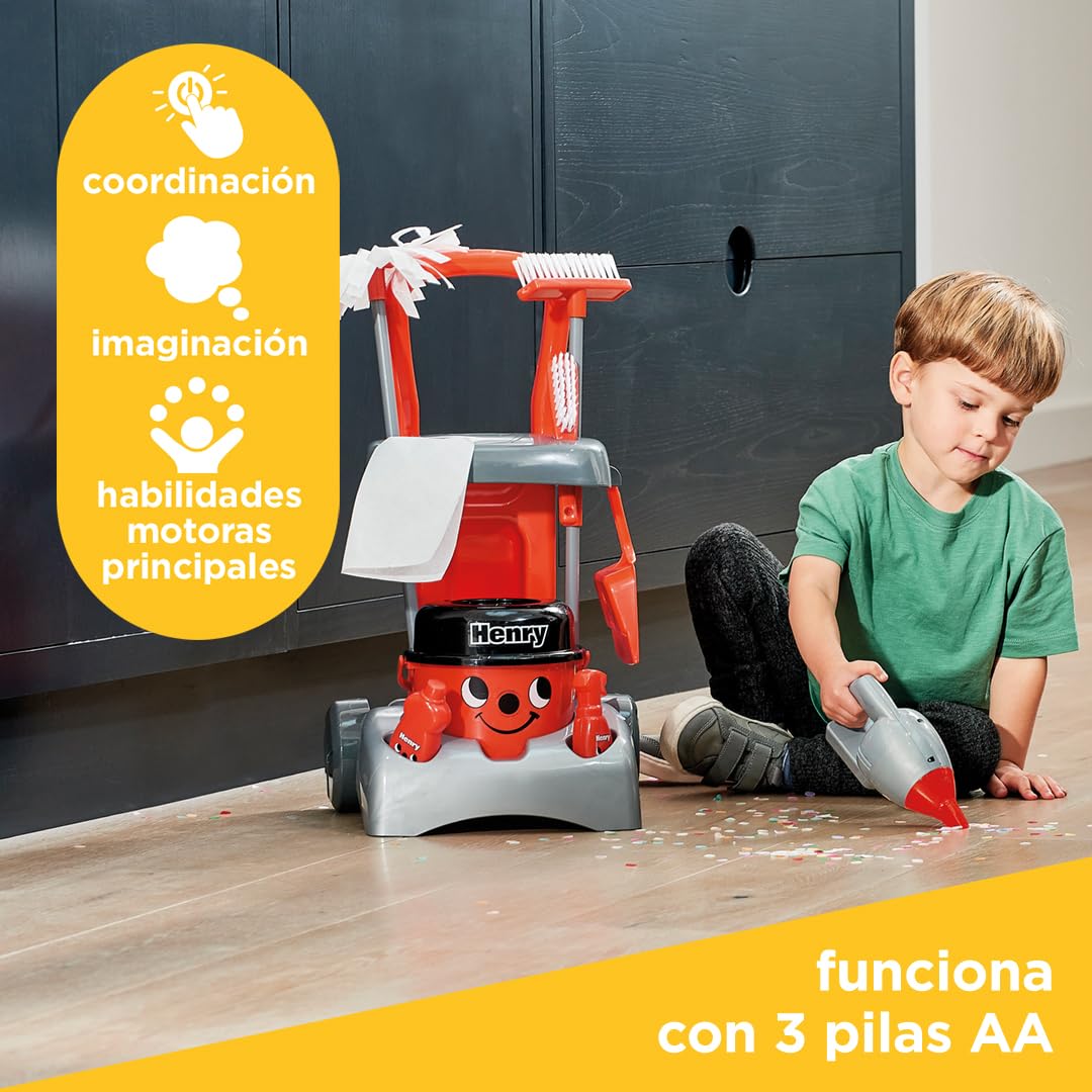 Casdon Juguetes Henry and Hetty. Carrito de Limpieza Henry Deluxe. Set Rojo Inspirado en Henry con Aspiradora Manual Funcional. Carrito de Limpieza para Niños con Accesorios. Edad: 3+ años