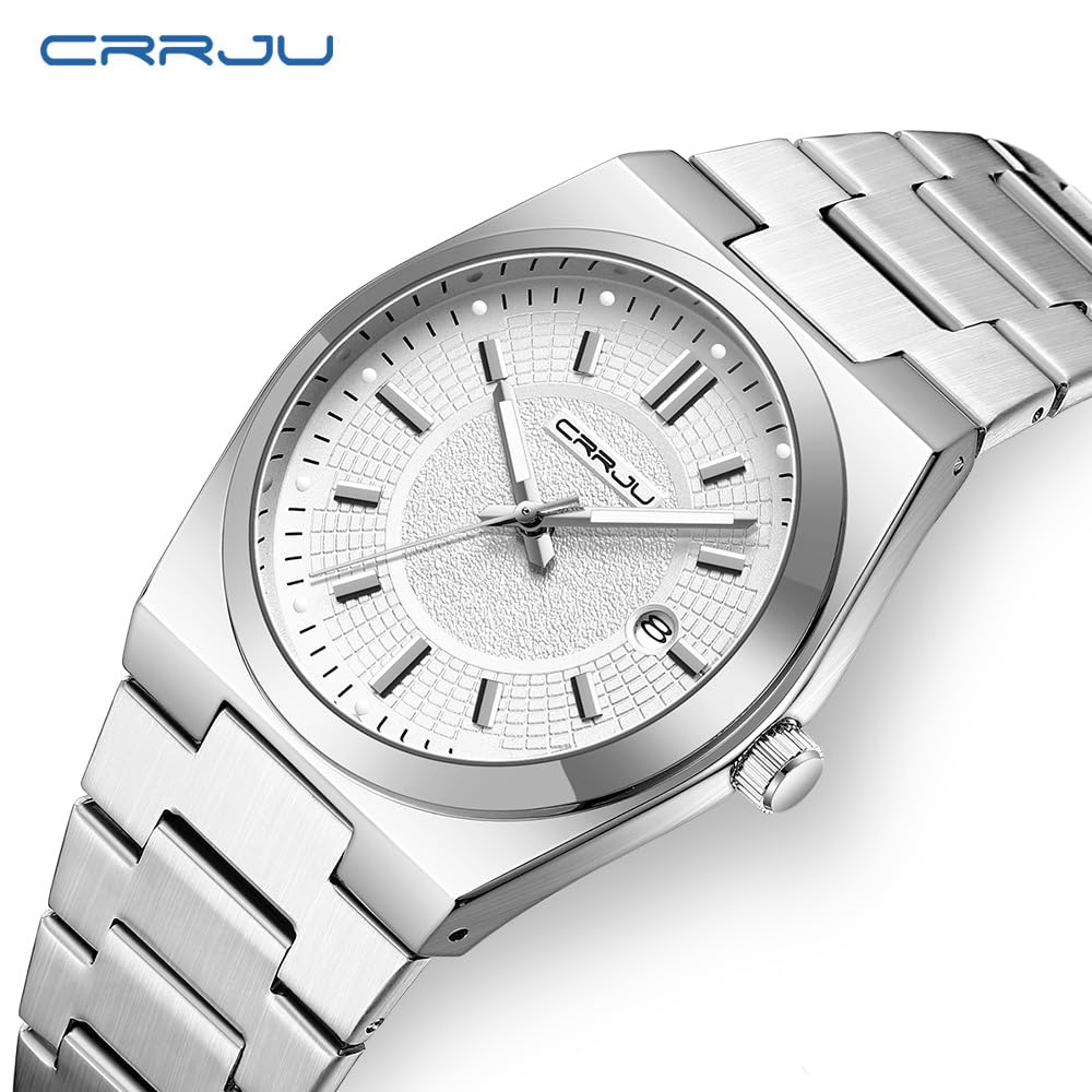 CRRJU Watches for Men,Fashion Luxury Luminous Analog Quartz Wristwatches,Business Man Calendar Watches Silver — view 8