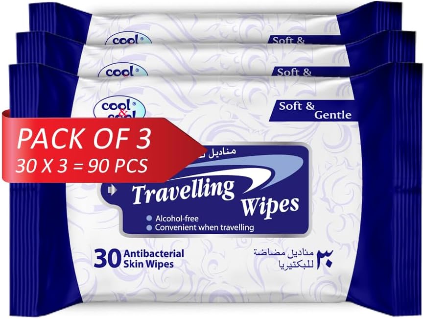 Cool & Cool Travelling Wipes - 30's (Pack of 3) - Convenient for Travel,Antibacterial Skin Wipes with Vitamin E,Aloe Vera Gel & Herb Extract,Alcohol-Free,Soft & Gentle - 90 Wipes