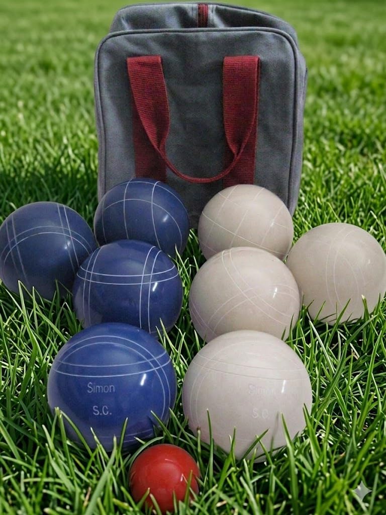 BuyBocceBalls Listing - Made in USA, Premium Quality Engraved Tournament Bocce Set, 998 Grams (2 lbs. 3.2 oz.). Various Bag Colors - 110mm Blue and White Balls, Nylon Bag