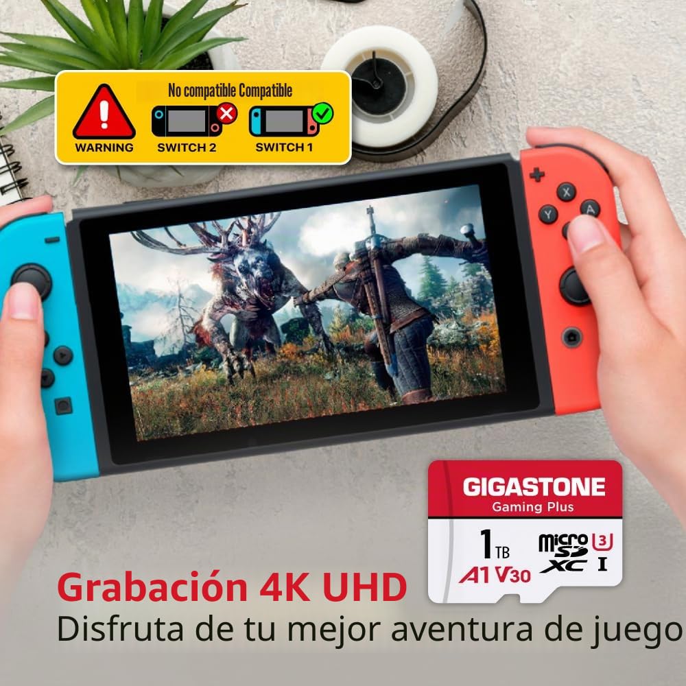 【Solo para Switch 1】 GIGASTONE Tarjeta MicroSDXC de 1TB (Gaming Plus) con Lector USB Tipo C, Compatible con Switch 1, Video 4K, UHS-I A1 U3 V30 C10, Velocidad de hasta 150 MB/s.