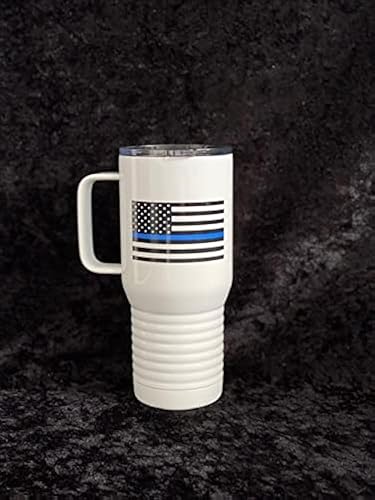Taza de viaje de 20 onzas con diseño de bandera de línea azul delgada con asa y tapa de cierre deslizante, aislada al vacío, autoridad policial,