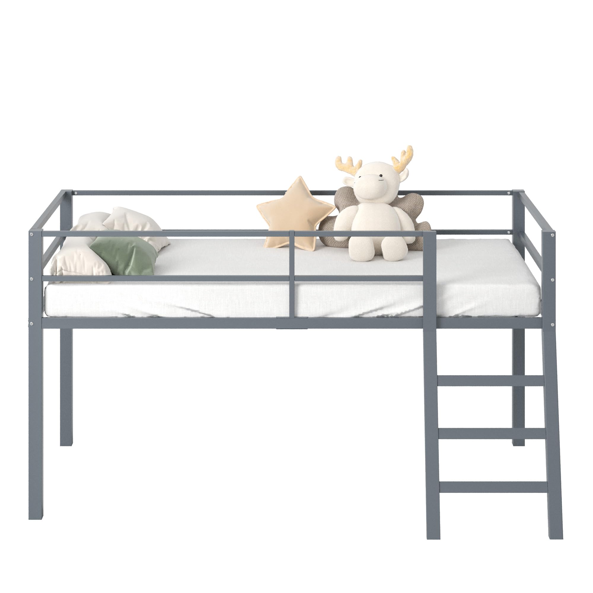 Cama tipo loft de metal bajo con escalera y barandilla para niños o adolescentes, cama tipo loft que ahorra espacio, tamaño individual para dormitorio pequeño, color gris 8