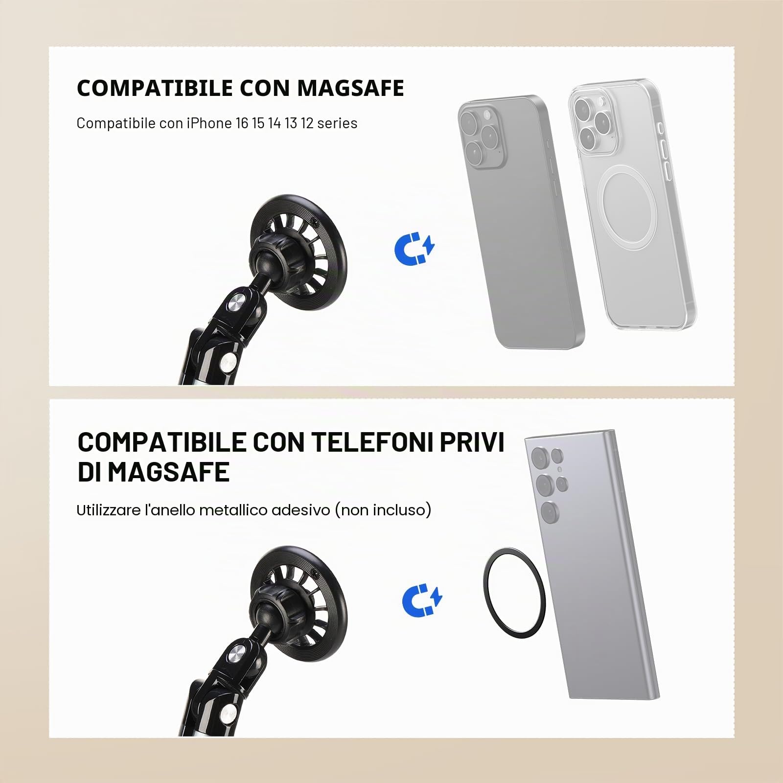 NEEWER BASICS PA089 - Supporto magnetico per telefono cellulare, per scrivania e letto, regolabile in tensione, compatibile con MagSafe iPhone 16, 15 Pro Max Plus, 14, 13, 12, per riprese video