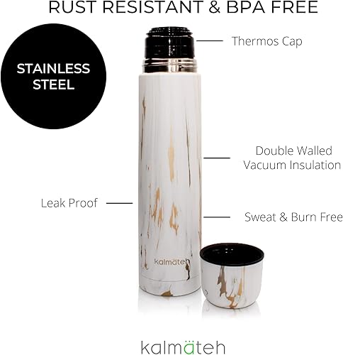 Vista 6 de Kalmateh Botella Termo Moderna y Elegante de Acero Inoxidable con Doble Pared y Aislamiento al Vacío 1000ml, Vaciado Preciso y Retención de Calor