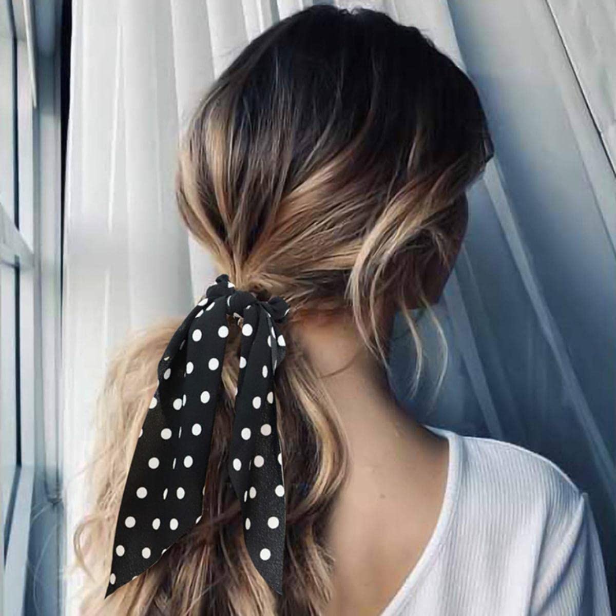 Wstążka do włosów Scrunchie Szalik Szyfonowa kokarda Elastyczne gumki do włosów Długi kucyk Krawaty Modne nakrycia głowy Akcesoria do włosów dla kobiet-Kwiat różowy (beżowy żółty)
