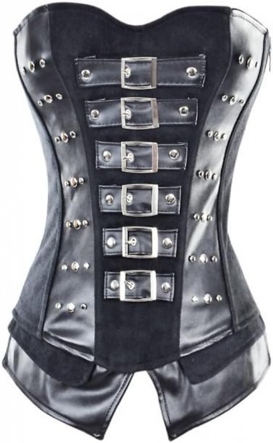 Black Leather Satin Steampunk Costume Overbust Corset Waist Training Bustier Top