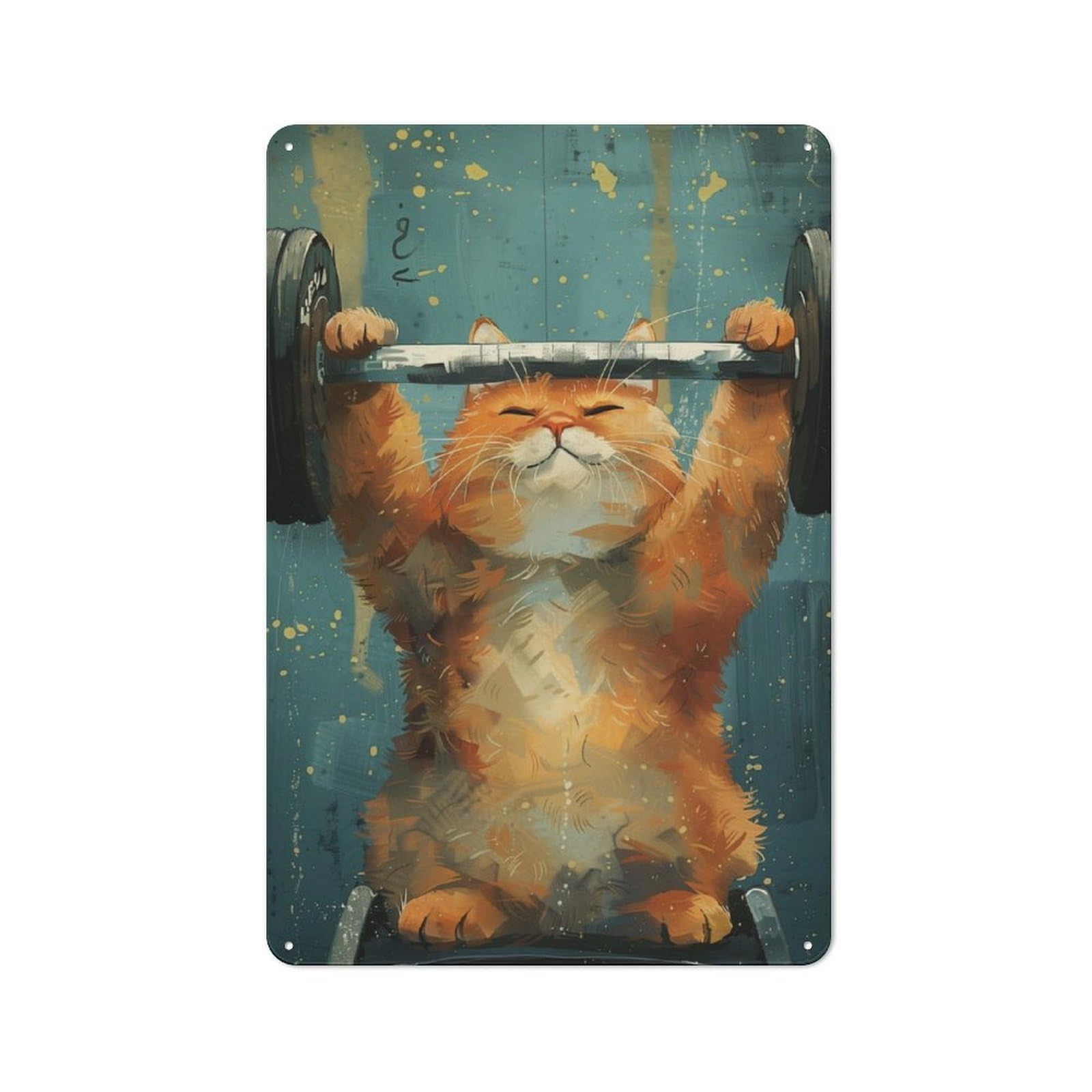 Junmoney Fitness Tabby Cat Fat Gym Tin Wall Plaque 30X20cm With For Pub Or Café, For Collectors Of Retro Metal Wall Decor