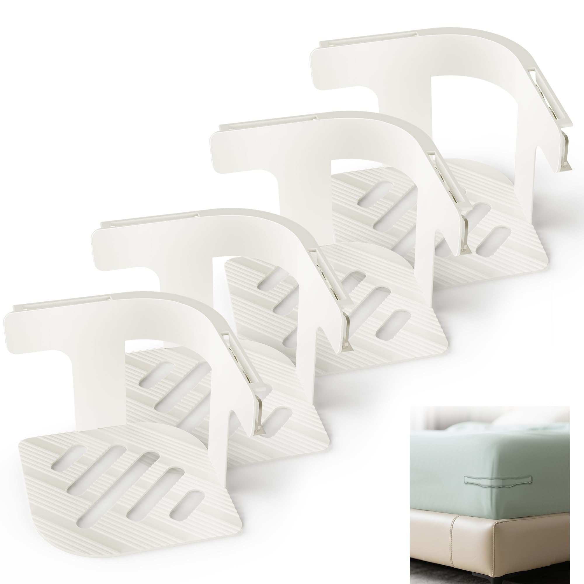 Set 4 Ferma Lenzuola Angolari, Blocca Lenzuola al Materasso, Sistema di Fissaggio Antiscivolo per Biancheria da Letto, adatti a tutti i tappeti, coperte, biancheria da letto - Bianco