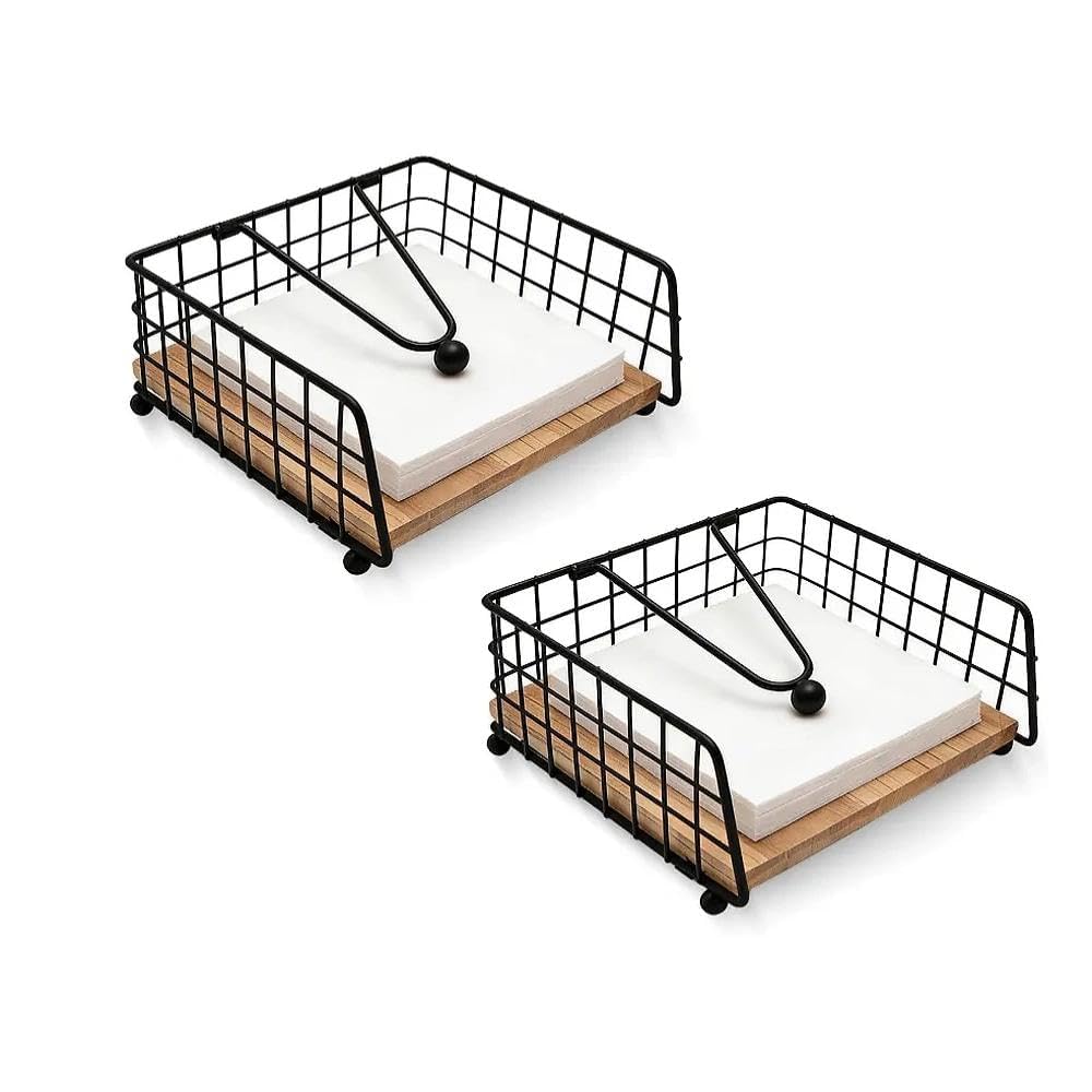2 Pack Black Metal Napkin Holders for Tables,Quare Serviette Holder with Wooden Base for Home, Restaurant, Cafe, Bar, Wedding and Outdoor Patio