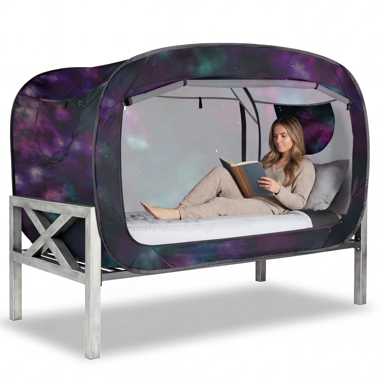 Pop Up Privacy Tent for Indoor Use Bed Canopy for Sleeping Bed Tent Double Door with Mosquito Mesh Window - Twin/Galaxy