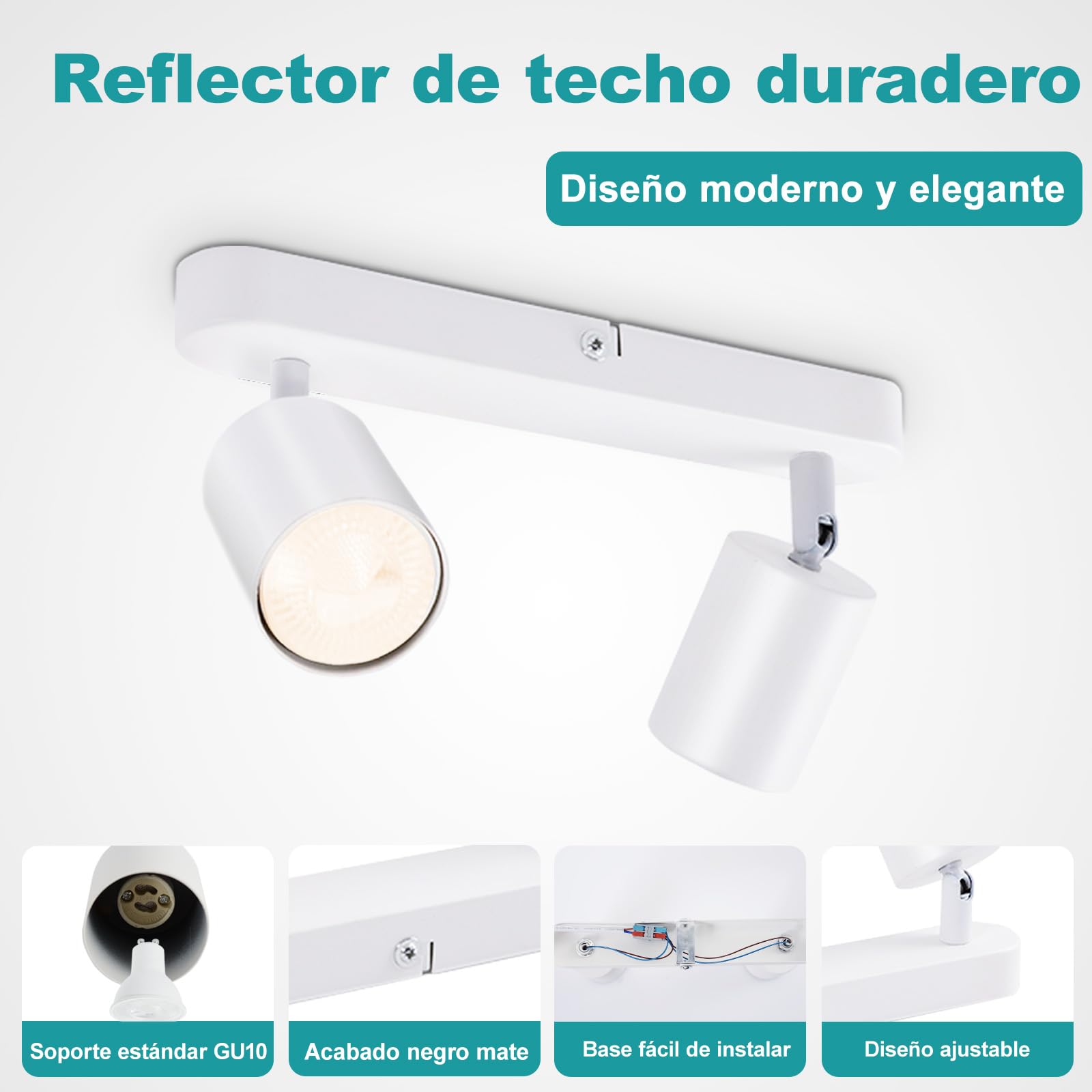 Barra de Luz de Techo 2 Focos, Foco Ajustable GU10 Metal Blanco, Lámpara de Techo Moderna Industrial para Cocina Dormitorio Salón Pasillo Comedor (Bombillas No Incluidas)