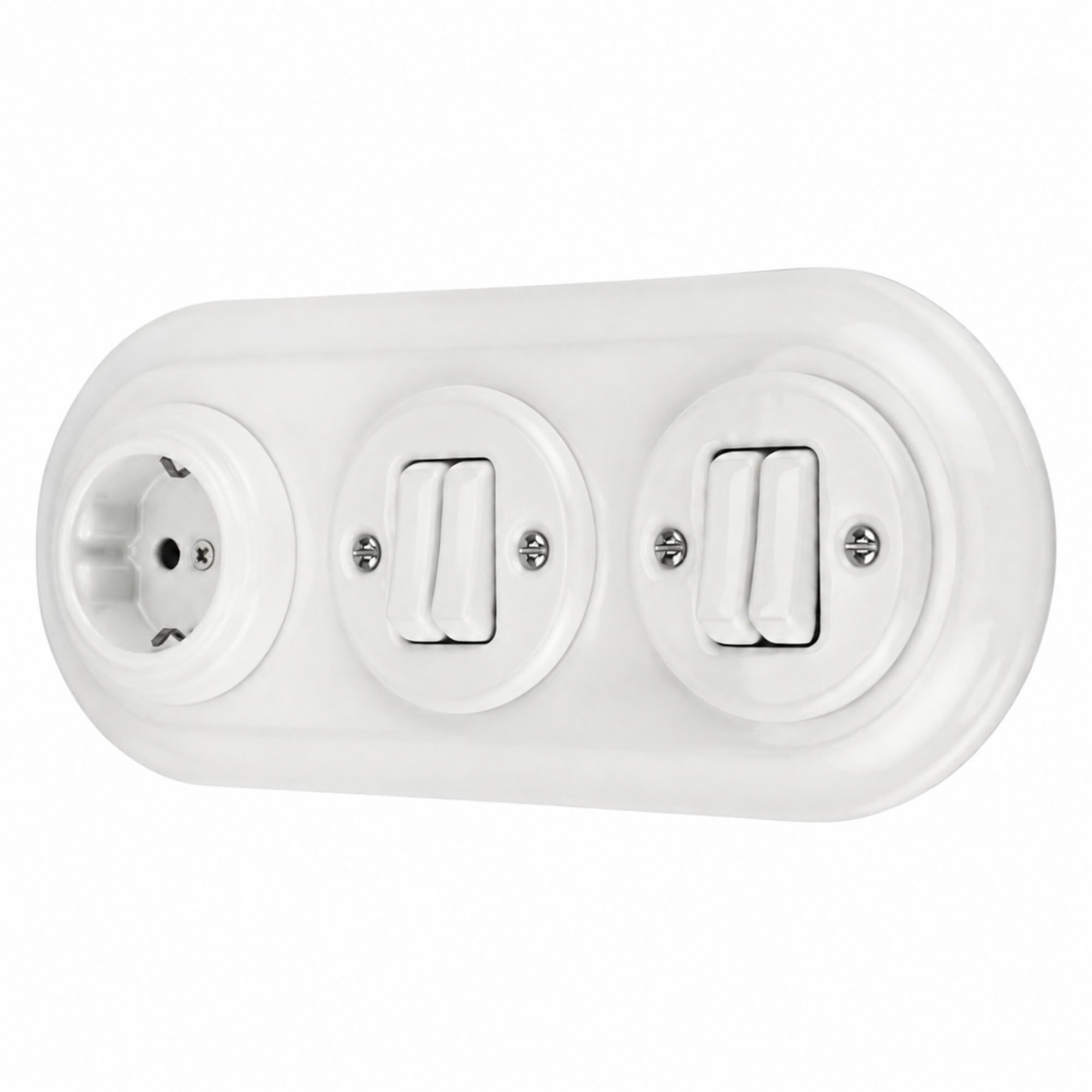 Unterputz Porzellan Retro Steckdose, Doppelschalter, 3-fach, All-in-One, SET Serie PR1 weiß