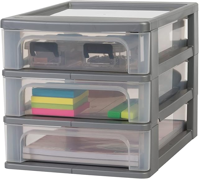 Iris Ohyama, Small Storage Drawers, Plastic Drawers Storage Unit, A4 Format, 3 Drawers, BPA Free, SIlver, W35.5 x D26 x H25.5cm, OCH-2030
