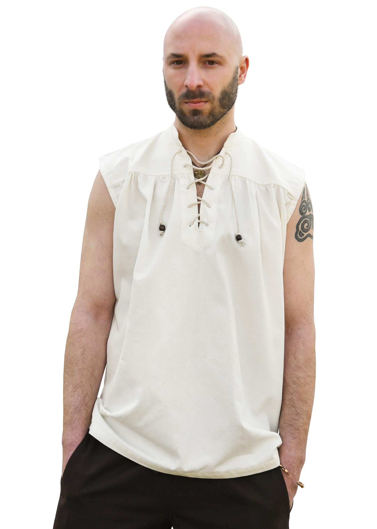 Battle-Merchant - Medieval Shirt Konstantin, Sleeveless - for Men - Viking, Pirate, Medieval LARP - Natural, L Beige