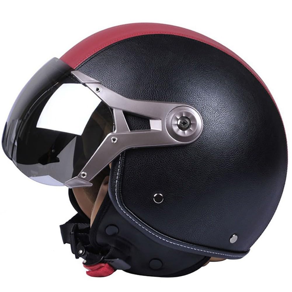 Casco Jet Classic Vintage in Pelle Con Visiera, ECE 22.06 Omologato, Per Donna Uomo Scooter Chop Ciclomotore Retrò Pilota di Moto a Mezza Calotta (57-62cm)