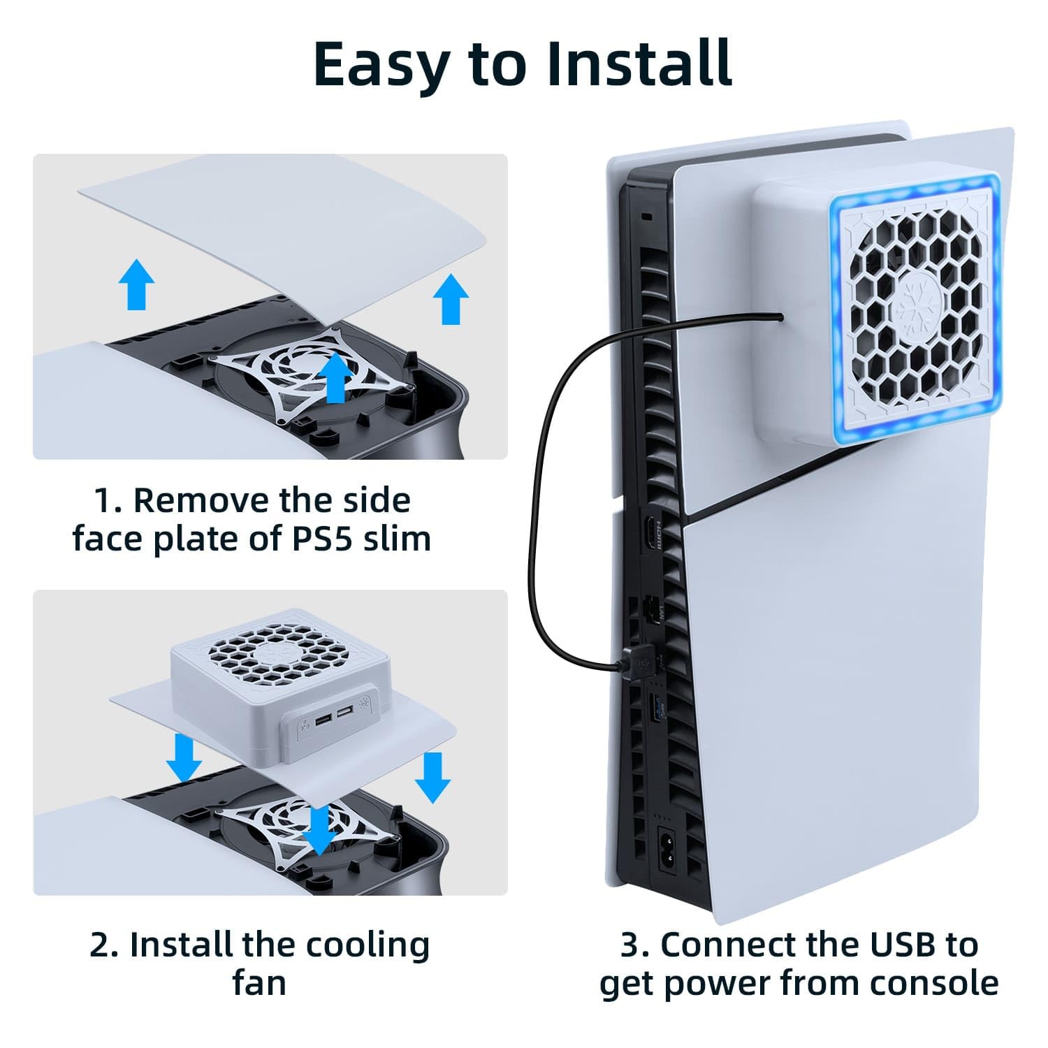 Mcbazel PS5 Slim Façade Plaque Ventilateur de Refroidissement avec Lumière RVB,Dissipation Thermique à 3 Vitesses Compatible avec PS5 Slim Digital/Disc Edition – Blanc(Non pour PS5/PS5 Pro)