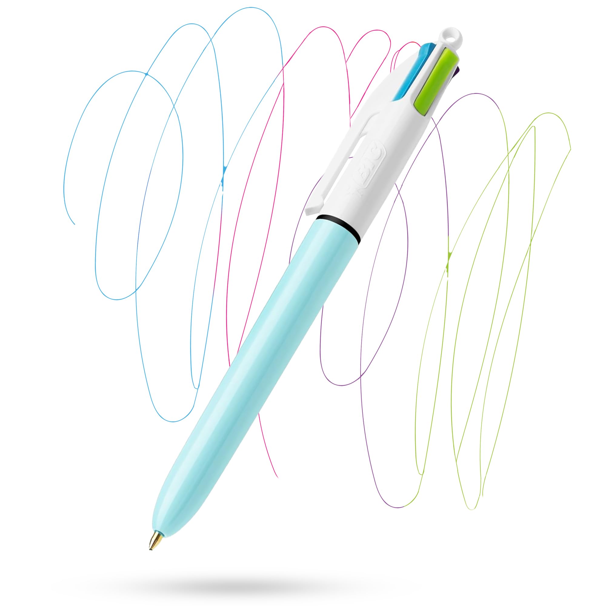 BIC Lot de 24 stylos amusants 4 couleurs avec corps en plastique de 1 mm, quatre couleurs d'encre en un pour écriture lisse, stylo multi-stylos 4 en un avec trou de clip et cordon pour étudiants et