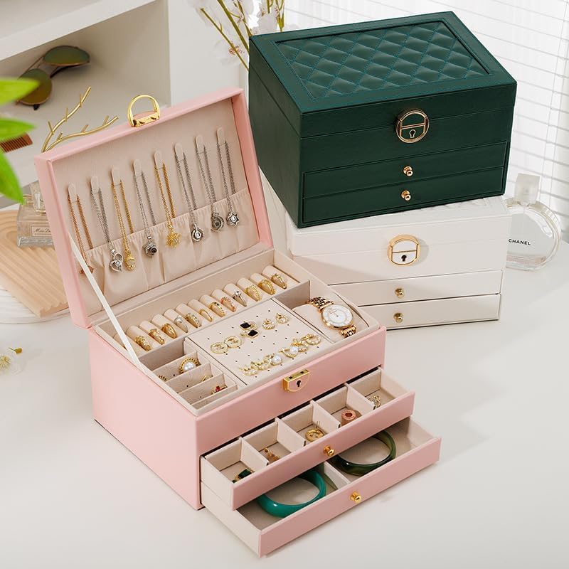 Image of Jewelry Box For Women Girl Wife 3 Layers Large Pu Leather Jewelry Organizer Storage Case With Two Drawers Display For Earrings Bracelets Rings Watches Design Jewelry Box, Jewelry Organizer (Pink)