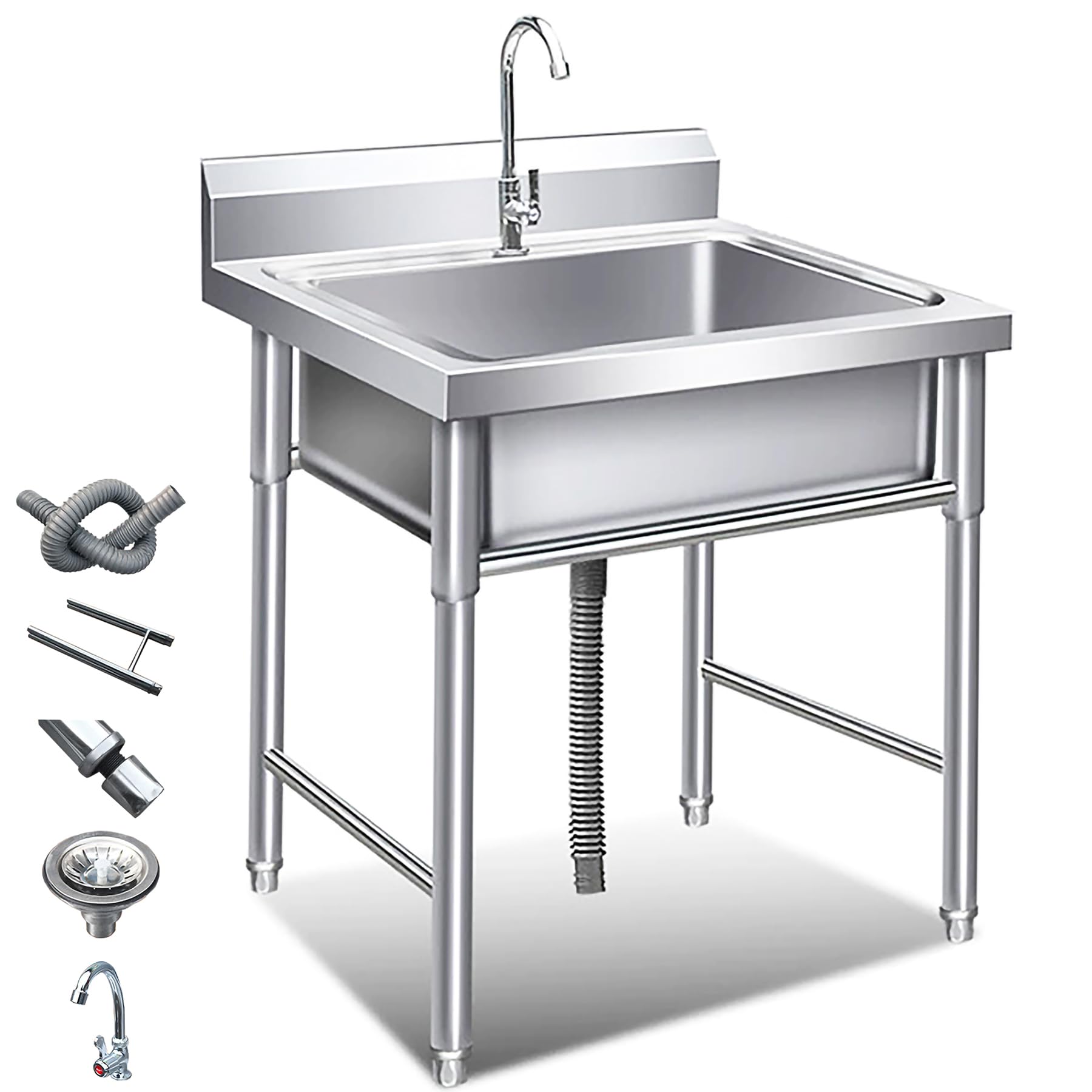 Lavello in acciaio inox - Lavello multiuso in acciaio inox, rubinetto singolo per acqua fredda, lavello per cucina professionale o per esterni, per ristoranti e uso domestico (argento, 70*70