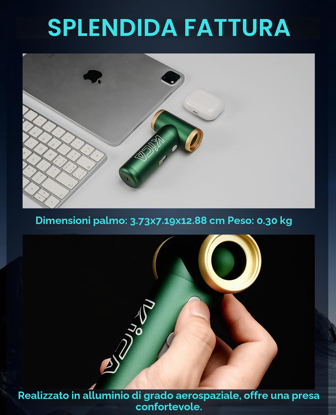 KiCA Jet Fan 2S - Spolverino elettrico ad aria portatile ad alta velocità, 117000 giri/min, mini ventilatore a getto in lega di alluminio, senza fili per tastiera PC, dettagli auto e campeggio (nero)