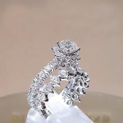 Géneric 2 anillos de plata con incrustaciones de diamantes completos, anillo de boda de compromiso con microincrustaciones de diamantes de plata de